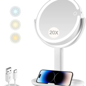 MIYADIVA Makeup Mirror with Lights,20X Magnifying Mirror with Light and Touch Switch,Vanity Mirror with 3 Color Light