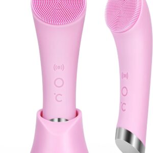 PRITECH Facial Cleansing Brush, Rechargeable Silicone Face Scrubber with Heat Massage End, Vibrating Exfoliator Scrubber for Deep Cleaning