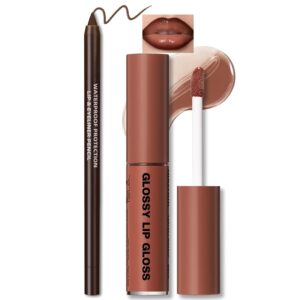 Nourishing Lip Gloss with Brown Lip Liner Lip Combo Set, Moisturizing High Shine Nude Lip Glow Oil